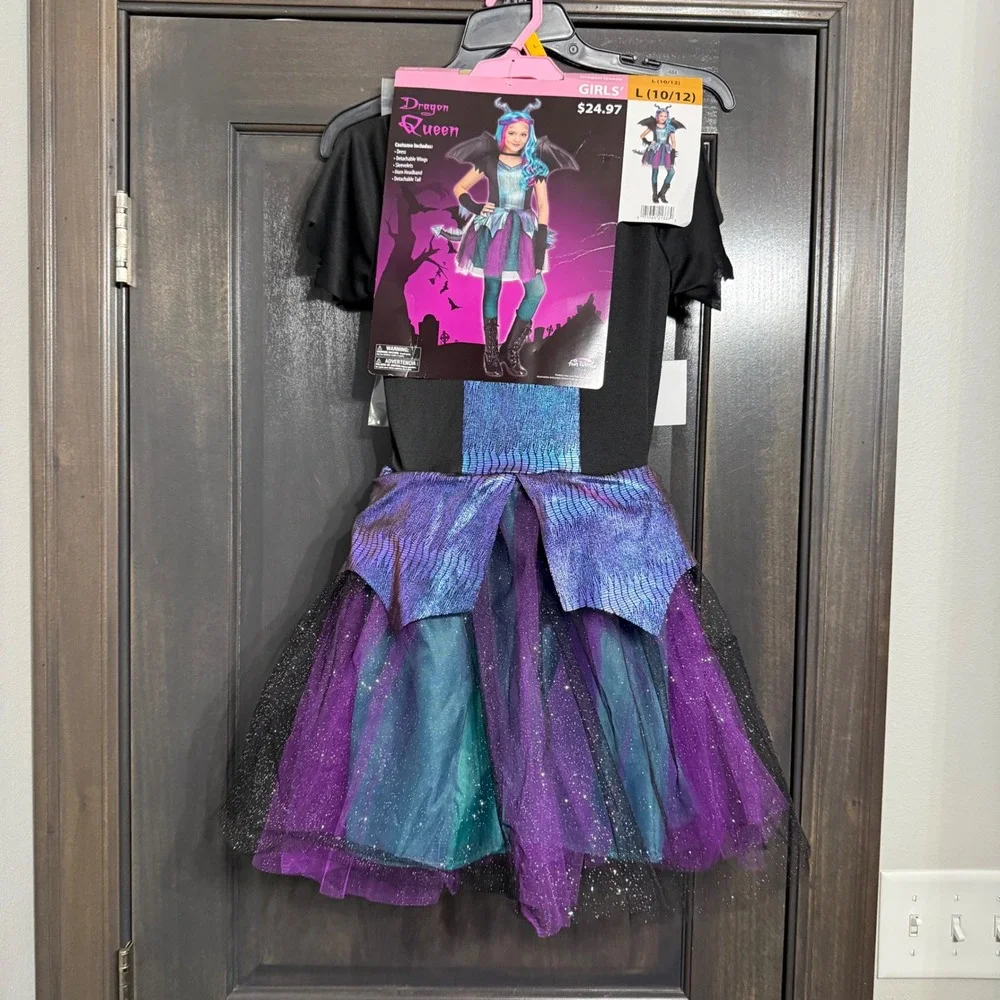 Dragon Queen Girls Costume Large 10-12 5 Piece Set Purple Teal Black NWT